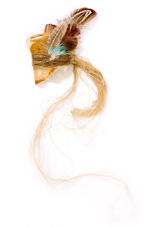 Cultic proto-money, 1996., onyx, feather, hemp, mixed media, 250 x 90 mm
