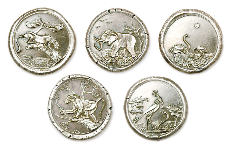 Africa (cheetah, elephant, ostrich, mandrill, secretary bird), 1988., silver, struck, 45 - 45 mm