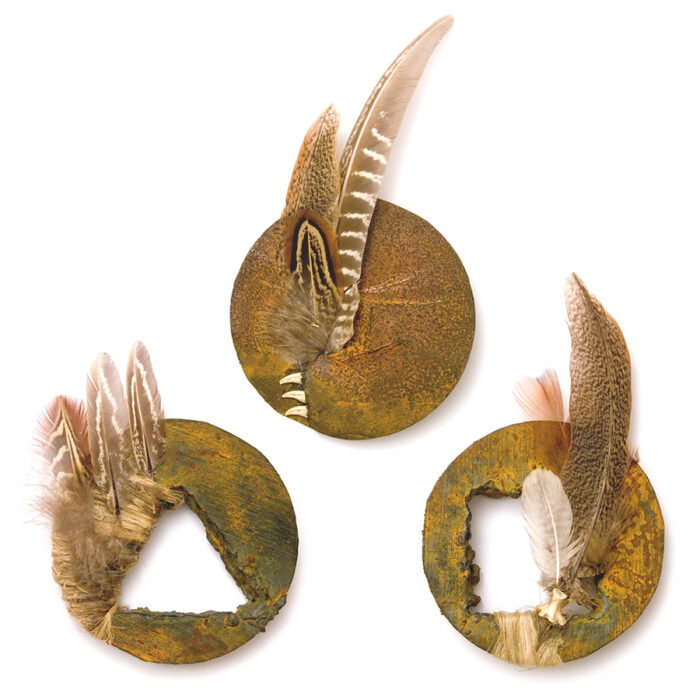 Memory - medal, 1997., steel, bone, feather, hemp, mixed media, 160 x 95-, 120 x 95-, 140 x 95 mm