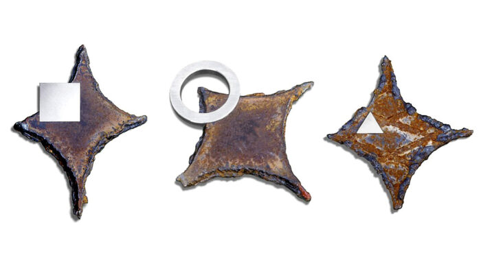 Genesis I-III. (#1.), 1997., iron, chromium steel, mixed media, 105 x 70-, 105 x 70-, 105 x 100 mm