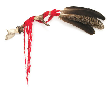 Shaman stick, 1997., bone, feather, textile, mixed media 61 cm
