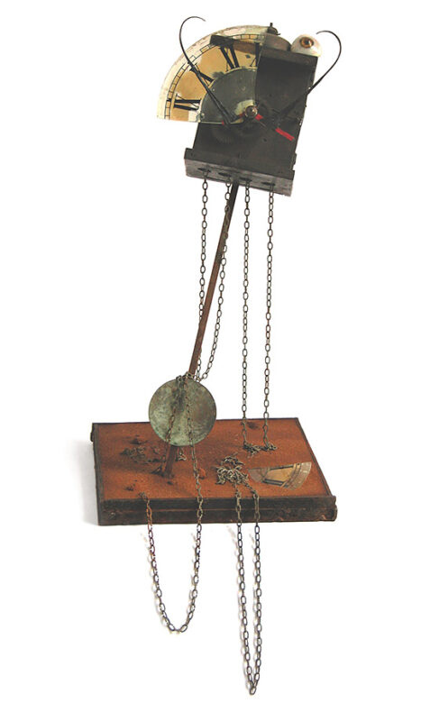 Egy óra Dalíval, 2004., fa, vas, homok stb., vegyes technika, 57 cm