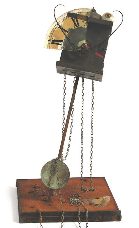 Egy óra Dalíval, 2004., fa, vas, homok stb., vegyes technika, 57 cm