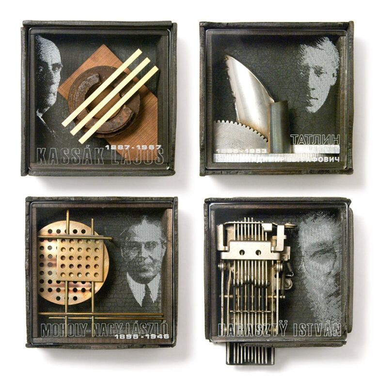 Mesterek tiszteletére – Kassák, Tatalin, Moholy-Nagy, Harasztÿ, 2007., fa, plexi, sárgaréz stb., vegyes technika, 105 x 105 - 105 x 105 mm