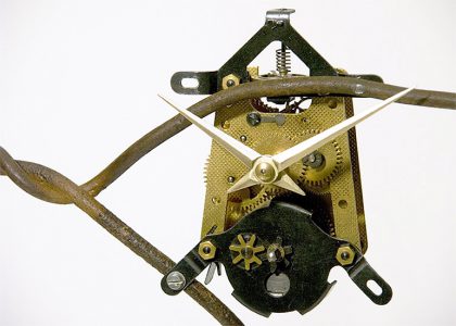 Tangle clock, 2010., iron, clock, mixed media, 62 x 44 x 17 cm