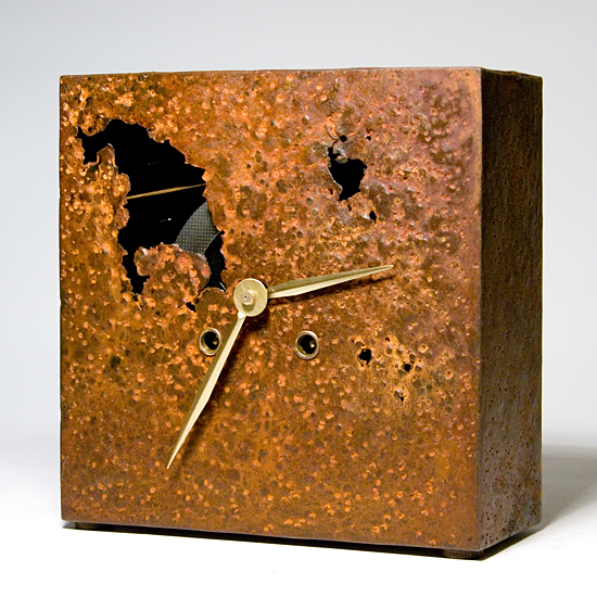 Twenty hours, 2010, iron, brass, clock, mixed media, 20 x 20 x 8 cm