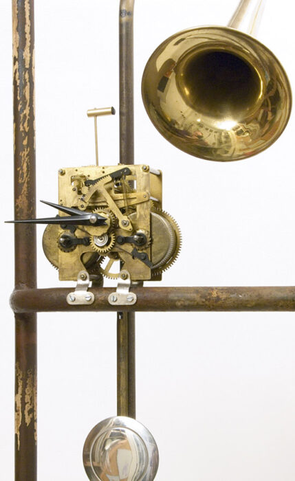 Brassy, 2010., iron, brass, clock, mixed media, 235 cm