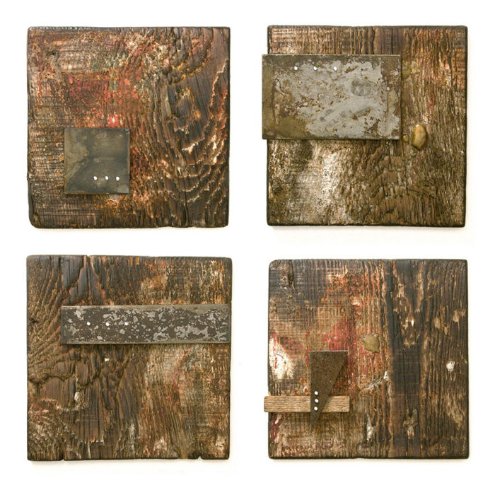 Plaquette No. 01, 02, 03, 04, 2012., wood, iron, mixed media, 150 x 150 - 150 x 150 mm