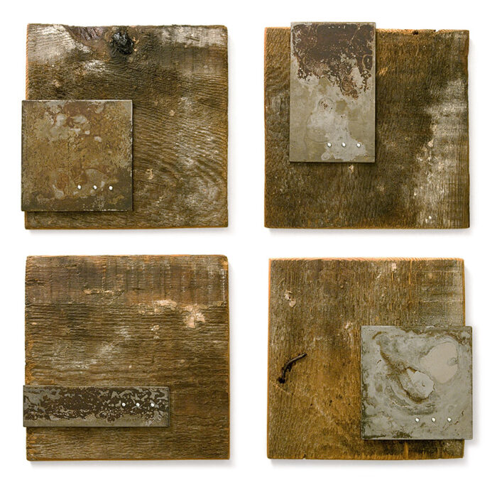 Plaquette No. 05, 06, 07, 08, 2012., wood iron, mixed media, 150 x 150 - 150 x 150 mm
