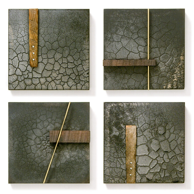 Plakett 26, 27, 28, 29, 2012., fa, sárgaréz, vas, vegyes technika, 120 x 120 - 120 x 120 mm