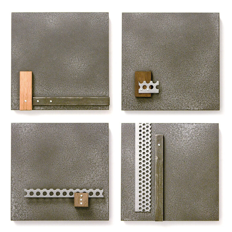 Plakett 42, 43, 44, 45, 2012., fa, vas, vegyes technika, 120 x 120 - 120 x 120 mm