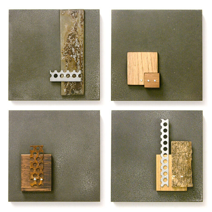 Plakett 46, 47, 48, 49, 2012., fa, vas, vegyes technika, 120 x 120 - 120 x 120 mm