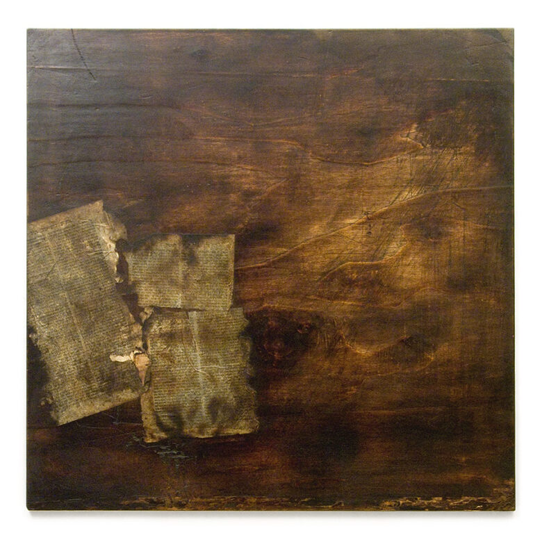 Írás, 2012., fa, papír, vegyes technika, 75 x 75 cm