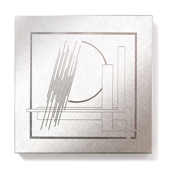 For Ákos Matzon's birthday, 2012., chromiumsteel, engraved, mixed media, 65 x 65 mm