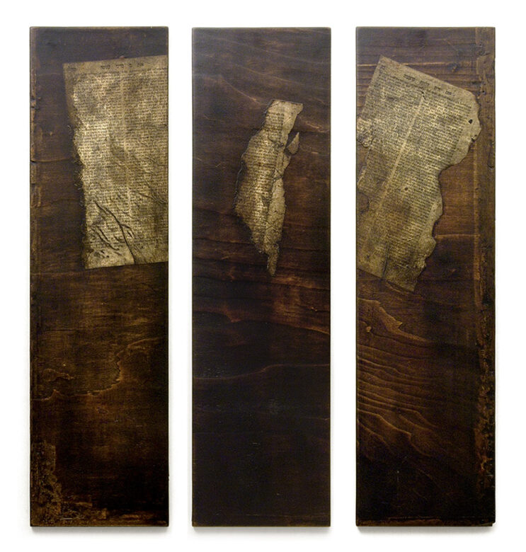 Triptichon, 2012., fa, papír, vegyes technika, 75 x 21 - 75 x 21 cm