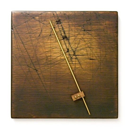 Plakett 22, 2012., fa, vas, sárgaréz, vegyes technika, 150 x 150 mm