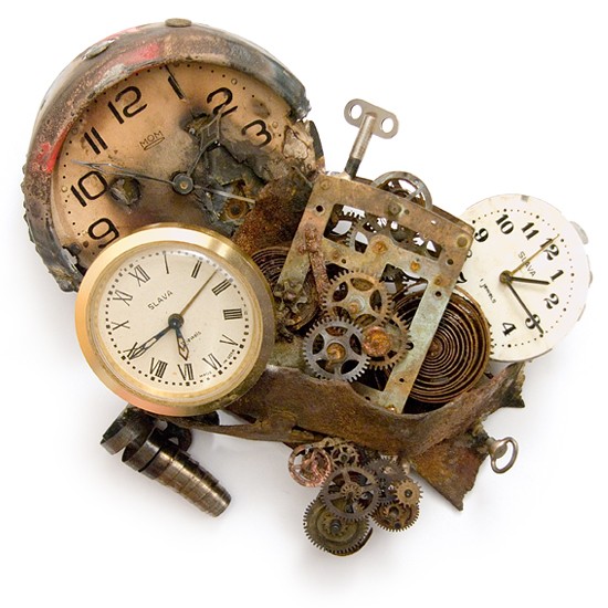 Téridőmodulátor – Hommage à H. G. Wells, 2014., vas, sárgaréz, óraszerkezet stb., vegyes technika, 175 x 230 mm