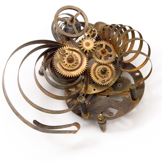Music machine, I., 2014., iron, brass, clock parts, mixed media, 100 x 100 mm
