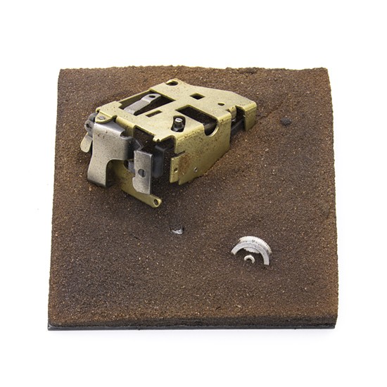 '36 mm' III., 2015., sand, camera parts &c., mixed media, 100 x 100 mm