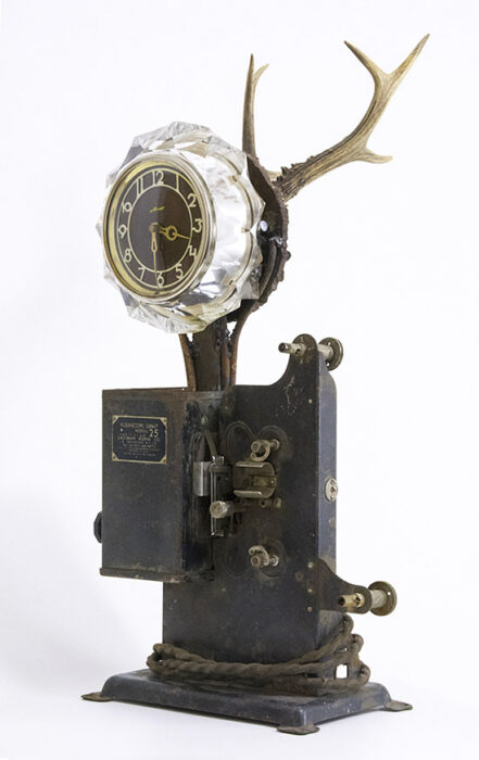 Cuckold, 2015., iron, glass, bone, clock &c., mixed media, 53 x 26 x 25 cm