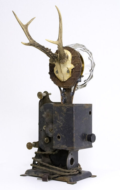 Hommage à István Homoki Nagy, 2015., iron, glass, bone, clock &c., mixed media, 53 x 26 x 25 cm