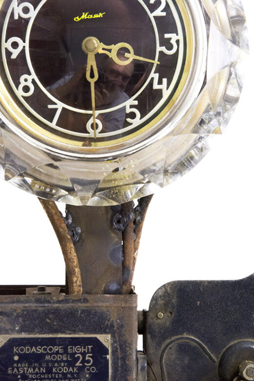 Hommage à István Homoki Nagy, 2015., iron, glass, bone, clock &c., mixed media, 53 x 26 x 25 cm