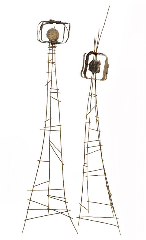 Királyi pár, 2015., vas óraszerkezet, vegyes technika, 201 x 44 x 33 cm; 180 x 50 x 40 cm