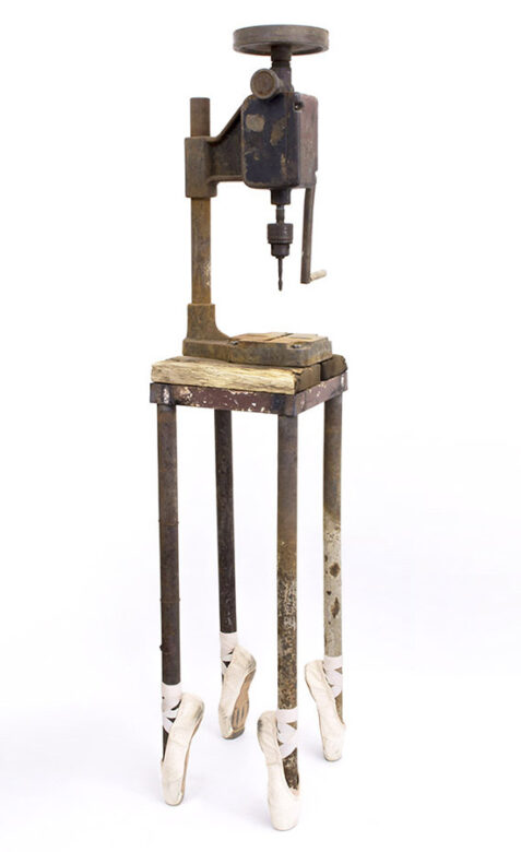 Pas de deux, 2015., iron, wood, textile &c., mixed media, 153 x 38 x 30 cm