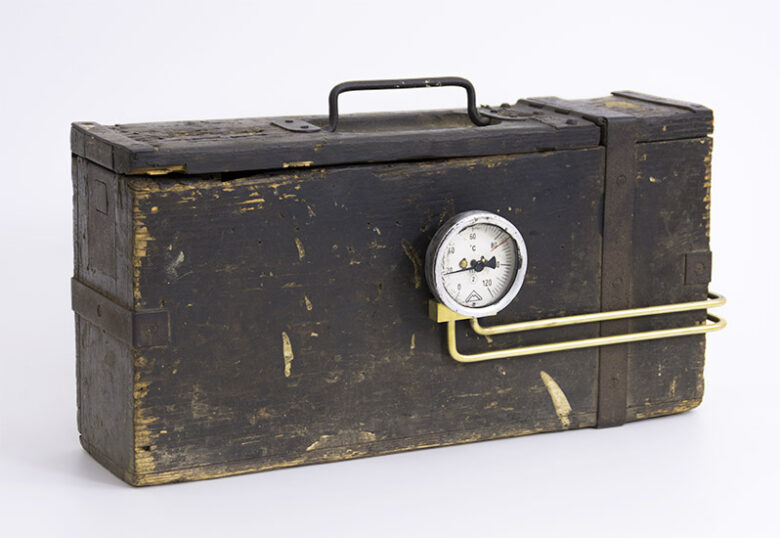 Portable device of remote healing, 2015., wood, iron, brass, clockwork &c., mixed media, 24 x 40 x 14 cm