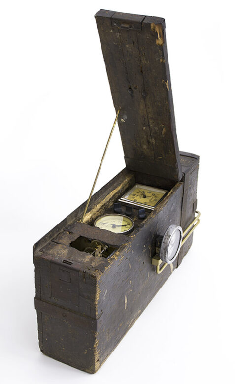 Portable device of remote healing, 2015., wood, iron, brass, clockwork &c., mixed media, 24 x 40 x 14 cm