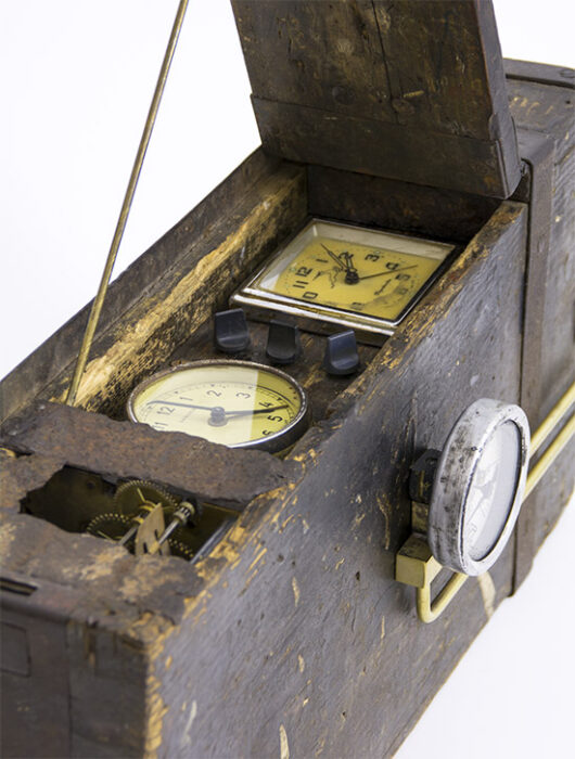 Portable device of remote healing, 2015., wood, iron, brass, clockwork &c., mixed media, 24 x 40 x 14 cm