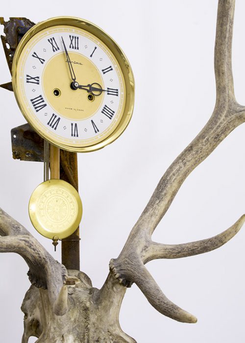 Hunting clock, 2015., iron, bone, clock &c., mixed media, 220 x 70 x 40 cm