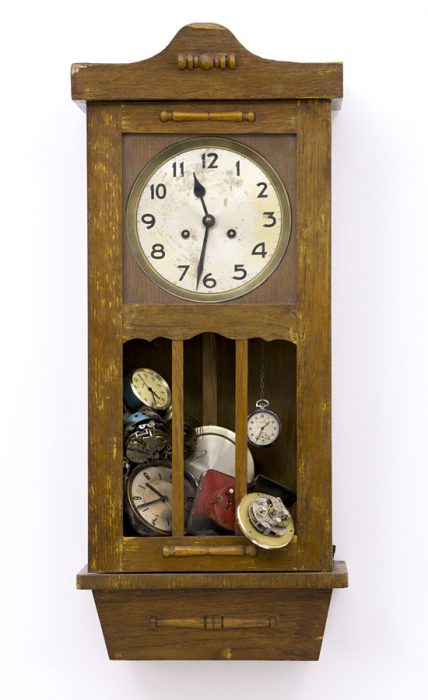 Lost hour, 2016., wood, clockwor, clock, mixed media, 79 x 33,5 cm