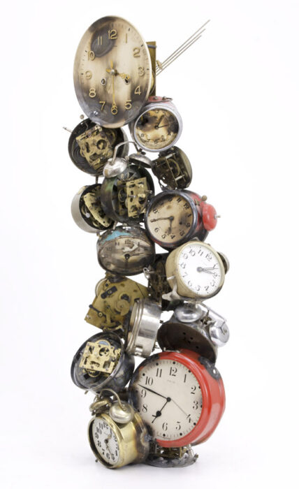 Uncertain date , 2016., iron, brass, clokwork, working clock, mixed media, 86 x 32 x 20 cm
