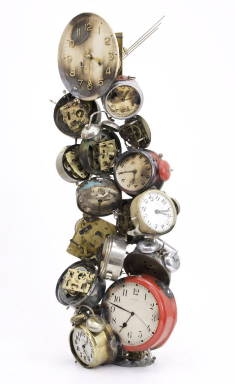 Uncertain date , 2016., iron, brass, clokwork, working clock, mixed media, 86 x 32 x 20 cm