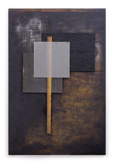 Relief CXVIII., 2016., wood, iron, brass, mixed media, 150 x 100 cm