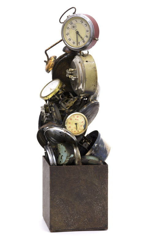 Emléktár, I., 2016., vas, sárgaréz, óraszerkezetek, vegyes technika, 61 x 20 x 21 cm