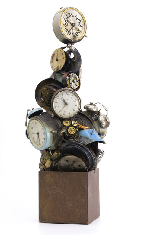 Emléktár, II., 2016., vas, sárgaréz, óraszerkezetek, vegyes technika, 75 x 25 x 25 cm