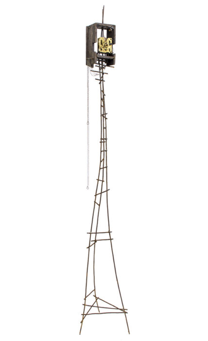 Idős szobor, I., 2016., vas, fa, óraszerkezet, vegyes technika, 220 x 32 x 30 cm