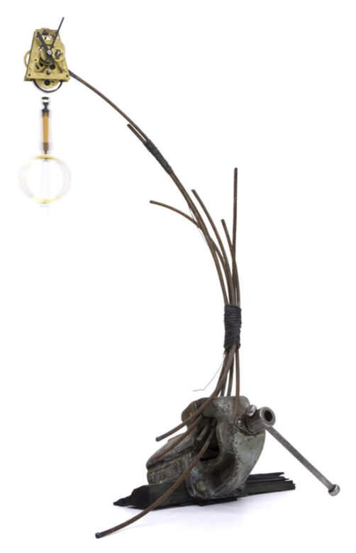 Working hours, II., 2016., iron, brass, clock, mixed media, 84 x 30 x 20 cm