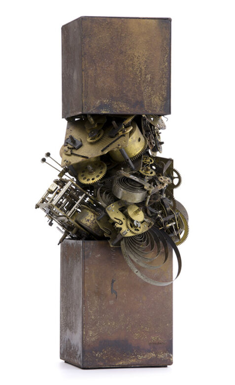 'Under pressure' 2016., vas, sárgaréz, óraszerkezetek, vegyes technika, 46 x 23 x 23 cm