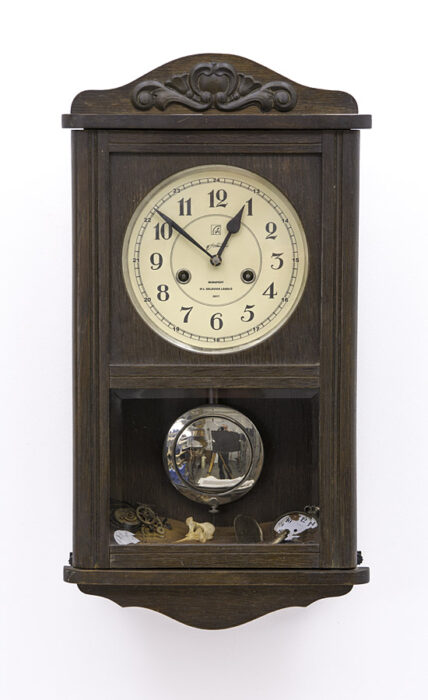 History class, 2017., wood, iron, sand, bone, clockwork, clock, mixed media, 50 x 30 x 13 cm