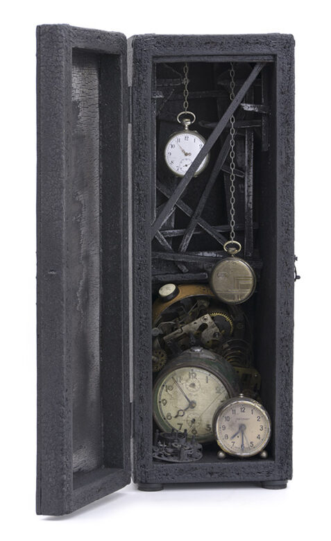 Family history, 2017., wood, iron, brass, clockwork, mixed media, 45 x 16 x 20 cm