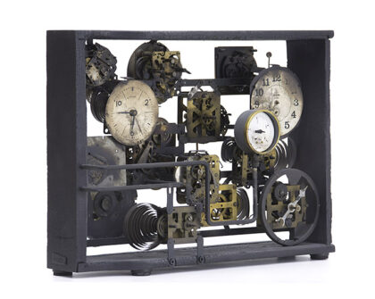 Time machine, 2017., wood, iron, brass, clockwork, mixed media, 32 x 43 x 8 cm