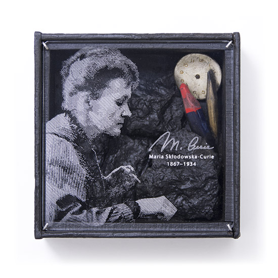 In honor of Marie Curie, 2017., wood, tar, plexi &c., 120 x 120 x 50 mm