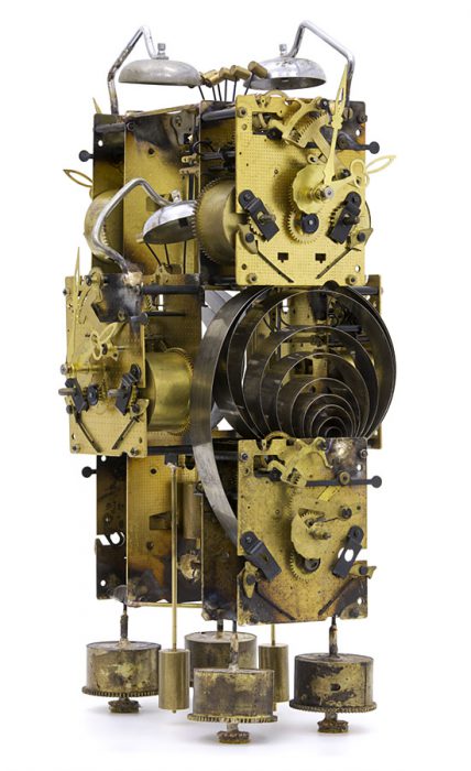 Óratorony, 2017., vas, sárgaréz, működő óraszerkezetek, vegyes technika, 44 x 24 x 24 cm