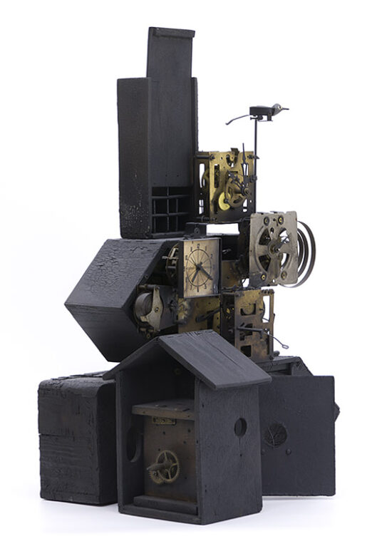 Town tale, 2017., wood, iron, clockwork, mixed media, 55 x 37 x 31 cm