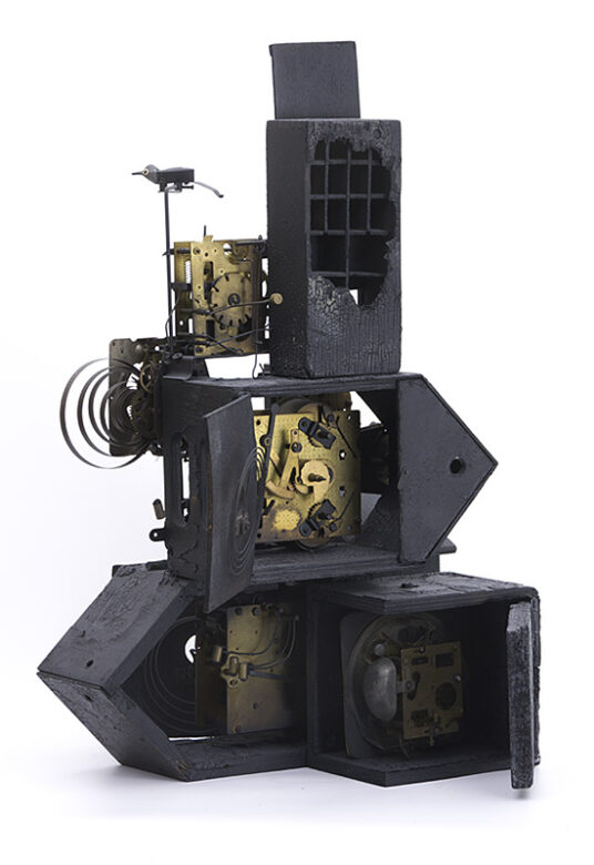 Town tale, 2017., wood, iron, clockwork, mixed media, 55 x 37 x 31 cm