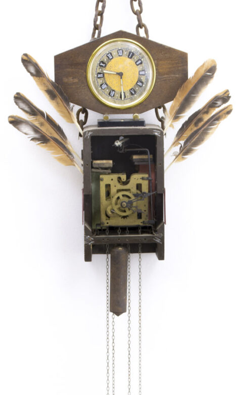 Cuckoo breast decoration, 2018., wood, iron, clockwork, feathers &c., mixed media, 67 x 38 cm