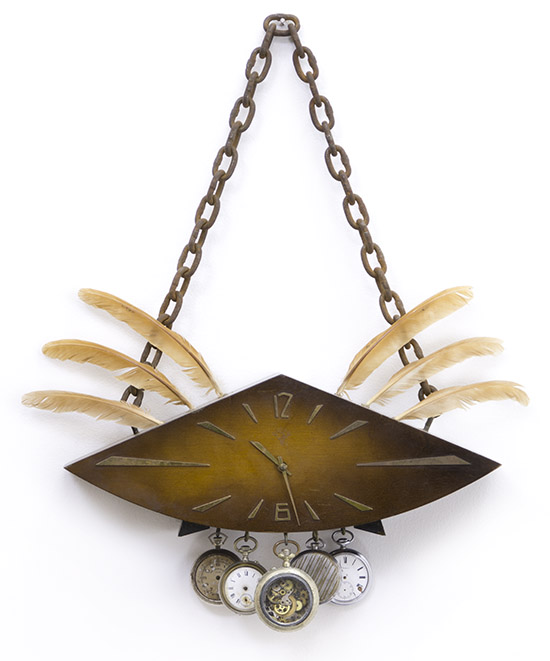 Aged breast decoration, 2018., wood, iron, brass, feather, &c., mixed media, 55 x 45 cm